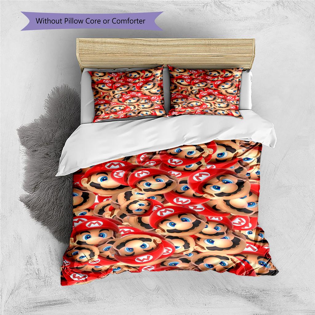 Mario Cartoon Pattern Bedding Home Decoration Birthday Gift ( 1 duvet cover + 2 pillowcase, without core),fan merchandise.