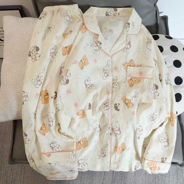 Blumendruck Damen Herbst Zweiteiliges Pyjama-Set Langarm V-Ausschnitt Oberteil Elastische Taille Hose 2 Teile Weibliche Schlafbekleidung Nachtwäsche