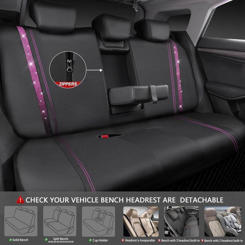 Glittering Rhinestone Waterproof Faux Leather Car Seat Covers, Universal Fit, Zippered Rear, for Women & Girls, Black Pink