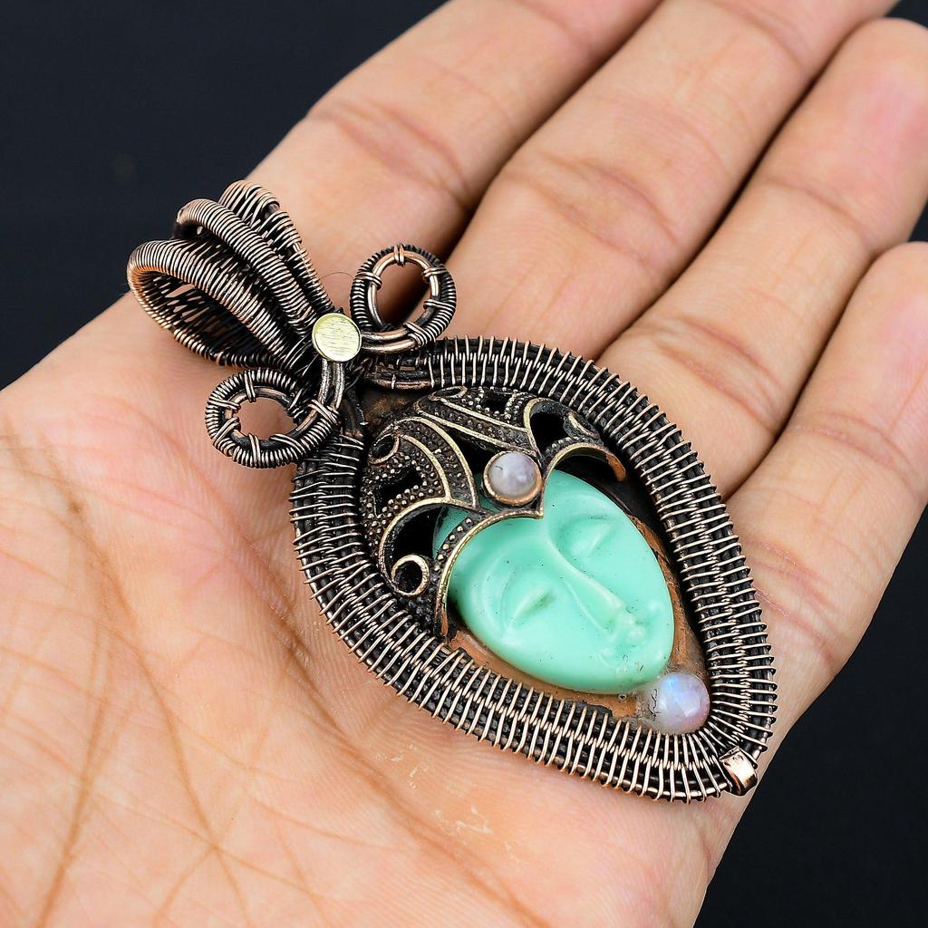 Pietre prețioase sculptate cu fața osoasă, sârmă de cupru pur, bijuterii de designer lucrate manual cu pandantiv pentru ea