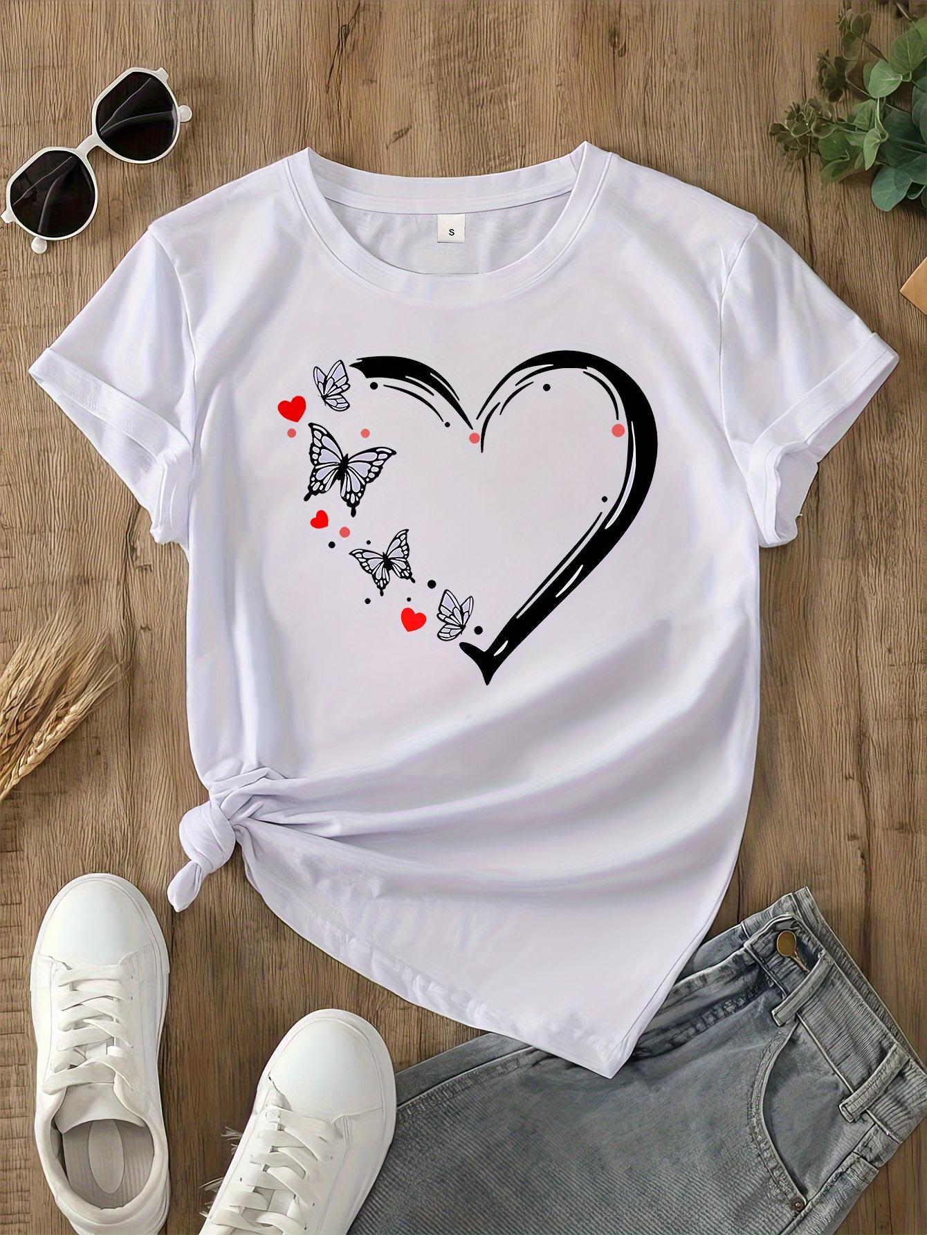 

UnisexS Pattern TShir White with Black Heart Butterfly Print Harajuku Sleeve Casual Tshirt Clothing Street Aesthetic Clothes S