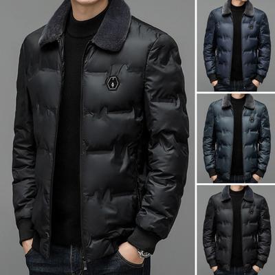 Fall Winter Men Jacket Smooth Windproof Thickened Padded Cold Resistant Loose Plus Size Faux Fur Lapel Long Sleeve Pockets Mid Length Down Coat
