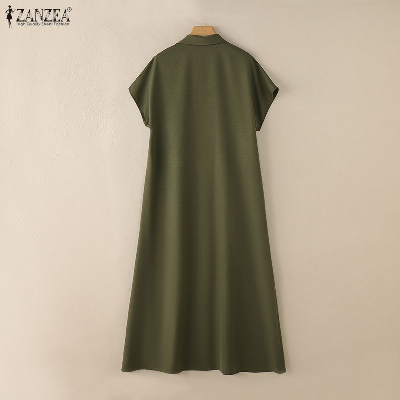 ZANZEA Women Casual Turn Down Collar Loose Short Sleeve Long Dress