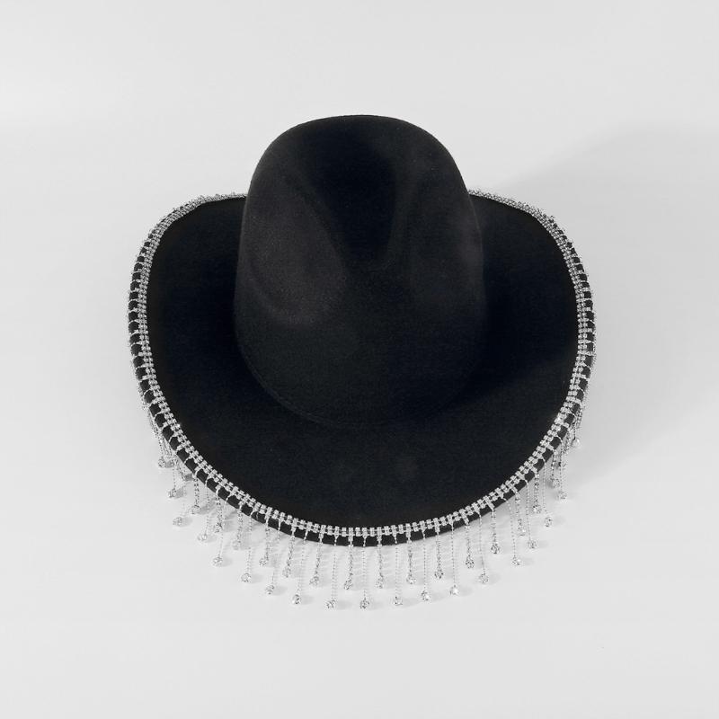 Trendy Cowboy Hat Denims Hat with Sparkling Rhinestones and Fringe Detail for Outdoor Activities Parties Halloween Hat