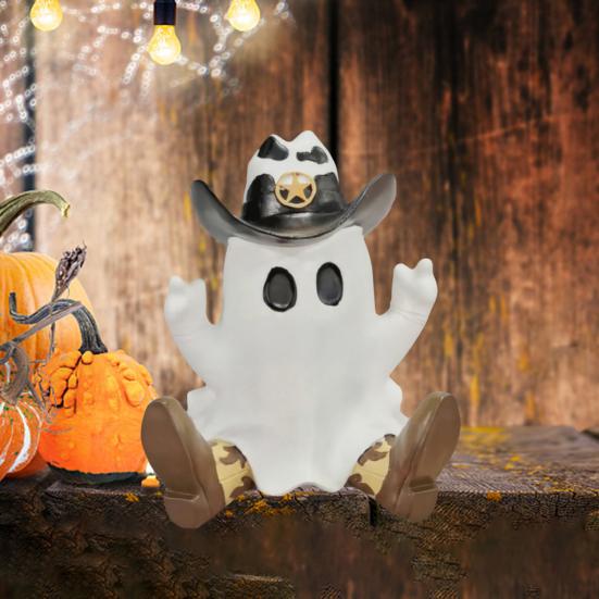 Halloween Cowboy Ghost Statue Resin Ghost Figurine in Cowboy Boots Hat Tabletop Ghost Decoration for Home Party Centerpiece Mantel