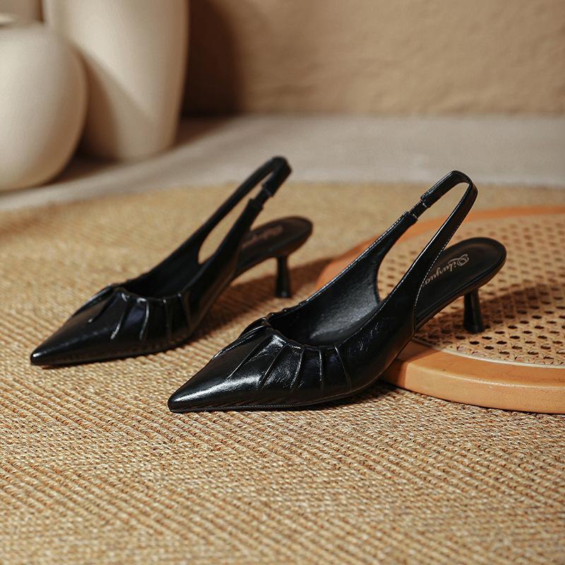 French bag head sandals women's summer 2025 new temperament pointed high heels thin heel pleated shallow mouth empty shoes