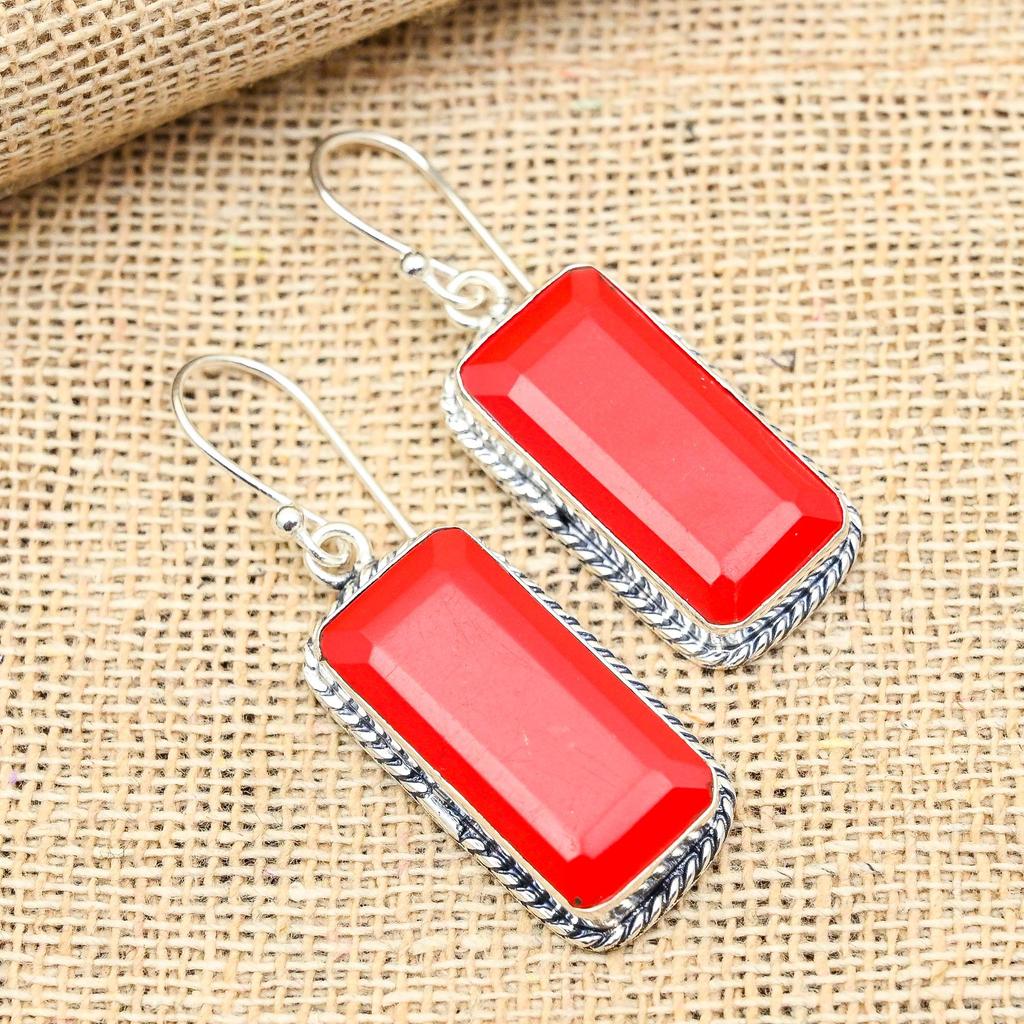 Faceted Red Coral Gemstone Handmade 925 Solid Sterling Silver Jewelry Earrings For Her