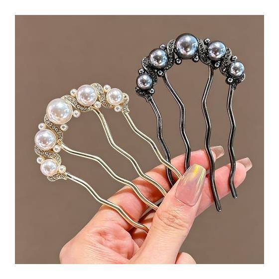 Kelain 4-Prong Hair Stick with Pearls, Set of 2 Colors, 9cm - Ideal for Japanese Traditional Wear & Updos | Secure Hold with 4-Prong Design, Made of