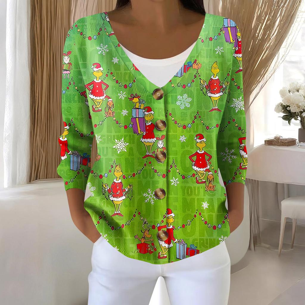 Women's Fashion Long Sleeve Christmas Snowman Snowflake Print Jacket Cardigan