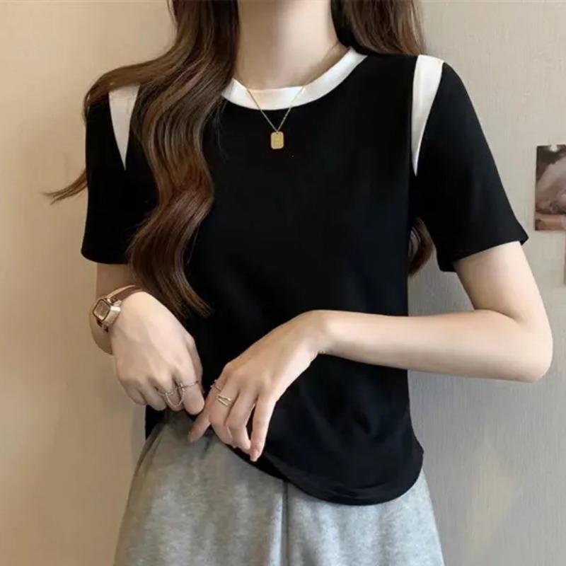 Womens Color Block Round Neck Short Sleeve T Shirt
