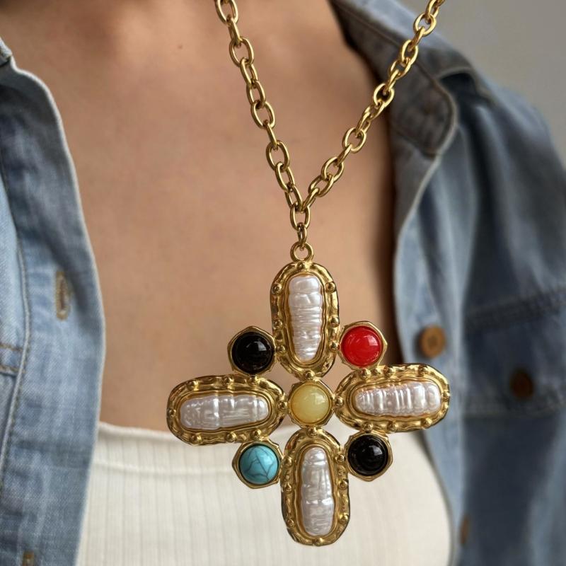 Lång Lager Kors Berlock Halsband Stadigt Rostfritt Stål Smycken Med Ädelstenar Och Imitationspärlor Detaljer