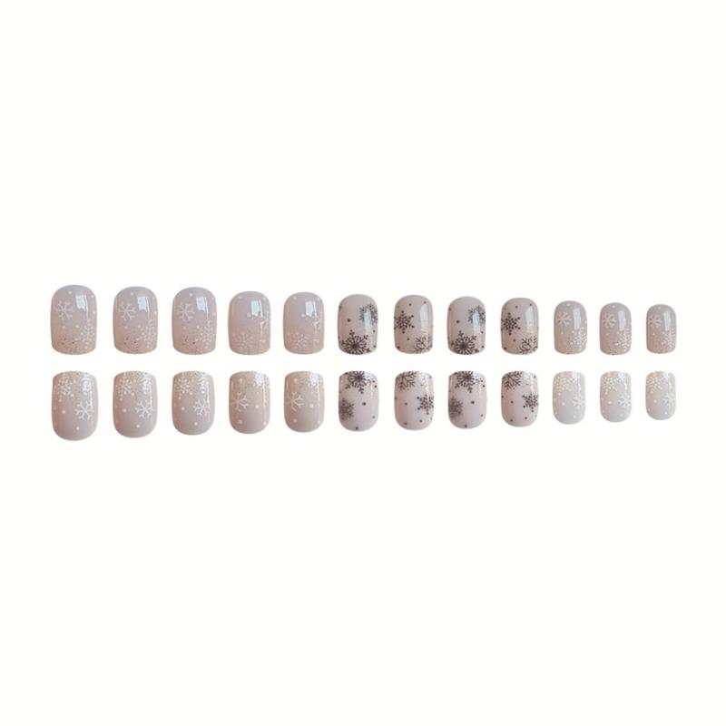 24 Pcs Short Square False Nail Christmas Press On Nail Glittering Artificial Nail Snowflake Full Cover Stick On Nail