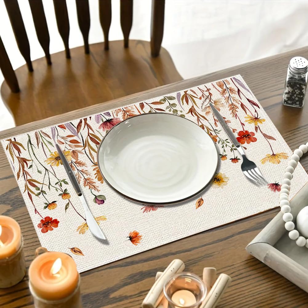 RABUSOFA Floral Fall Placemats Set of 4 for Table Runner, Flower Autumn Thanksgiving Kitchen Dining Table Decoration for Indoor Party 12x18 Inch