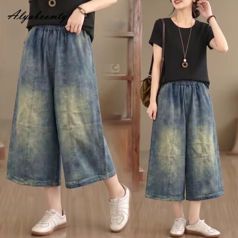 Plus Size Korean Fashion Summer Women Streetwear Jeans High Waist Washed Cotton Vintage Denim Capris Casual Loose Retro Basic Capris
