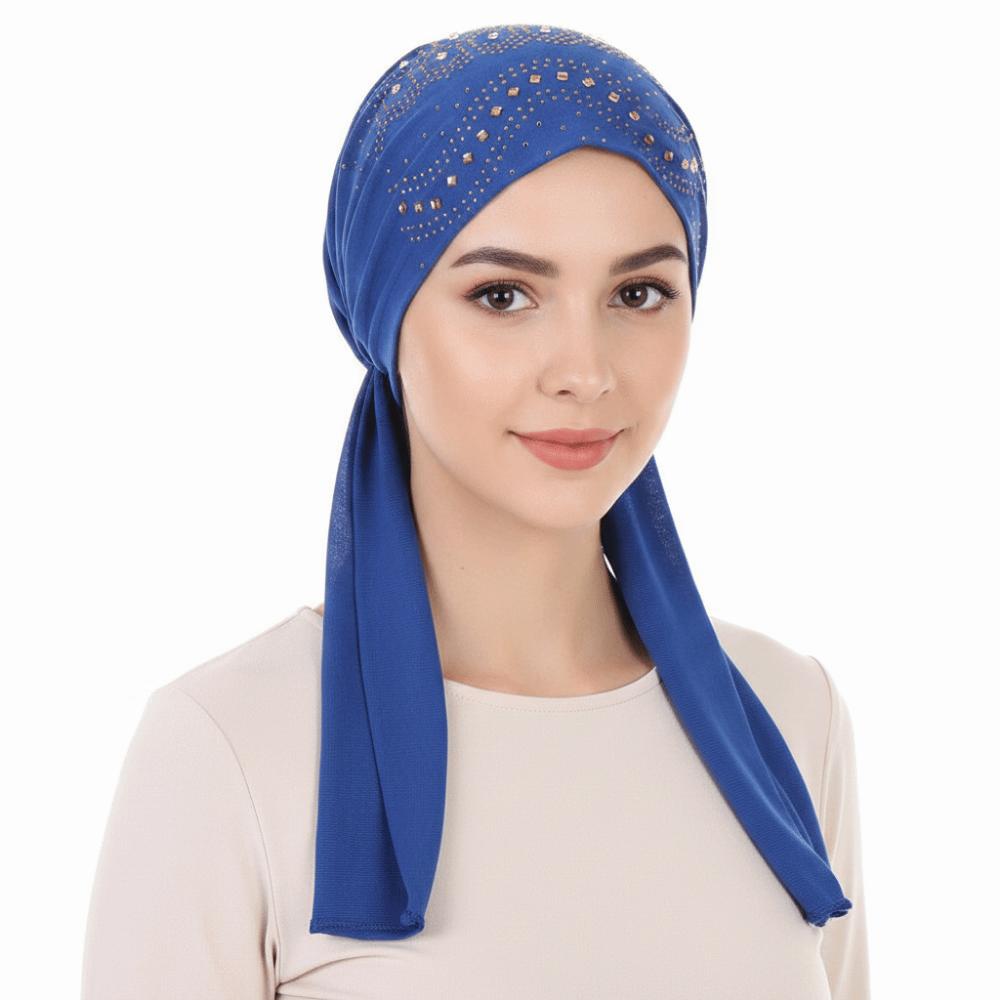 Thin Summer Muslim Headscarf Hat Solid Color Rhinestone Hijab Caps  Ramadan