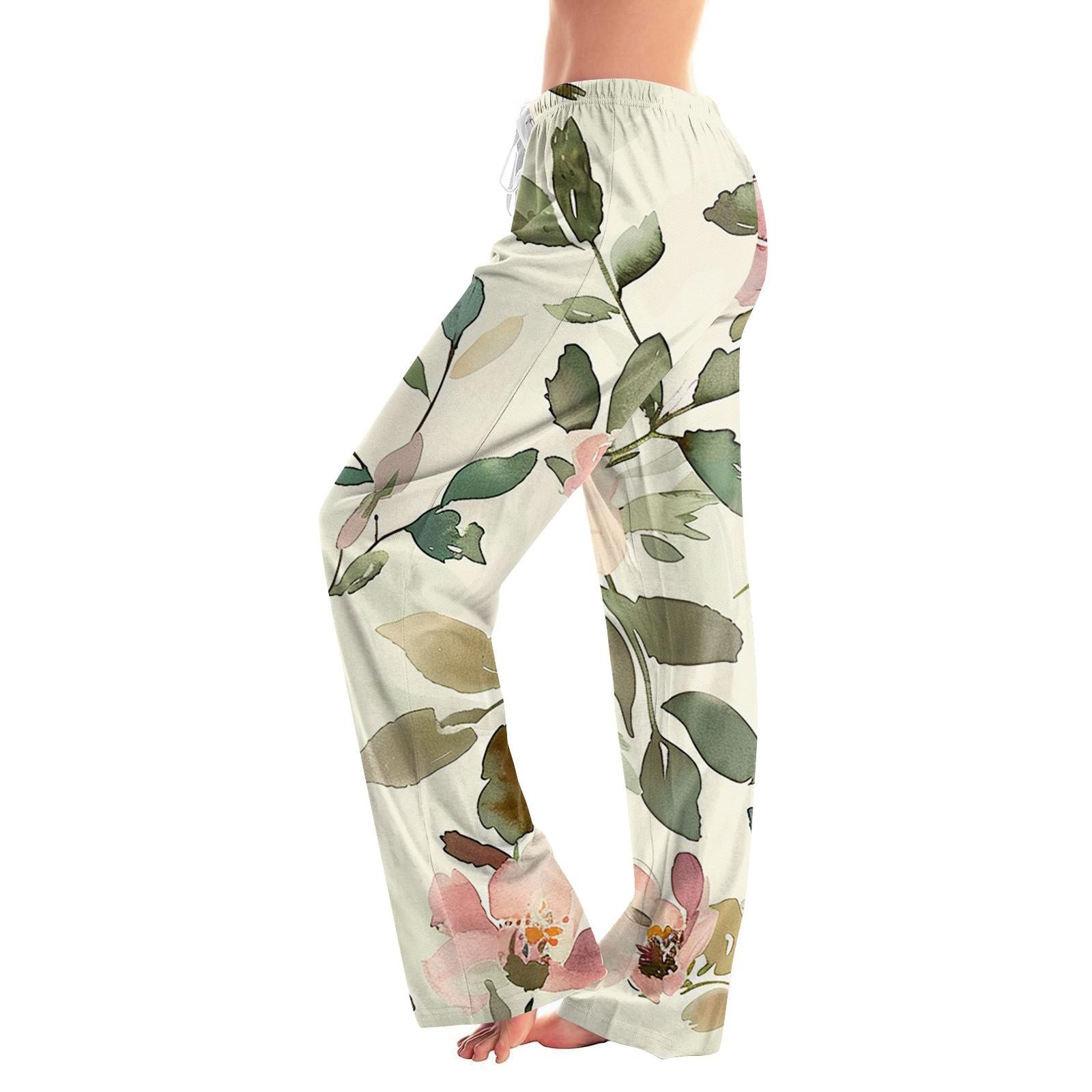 Women s Fashion Loose Casual Floral Printed Casual Pants L бежевый