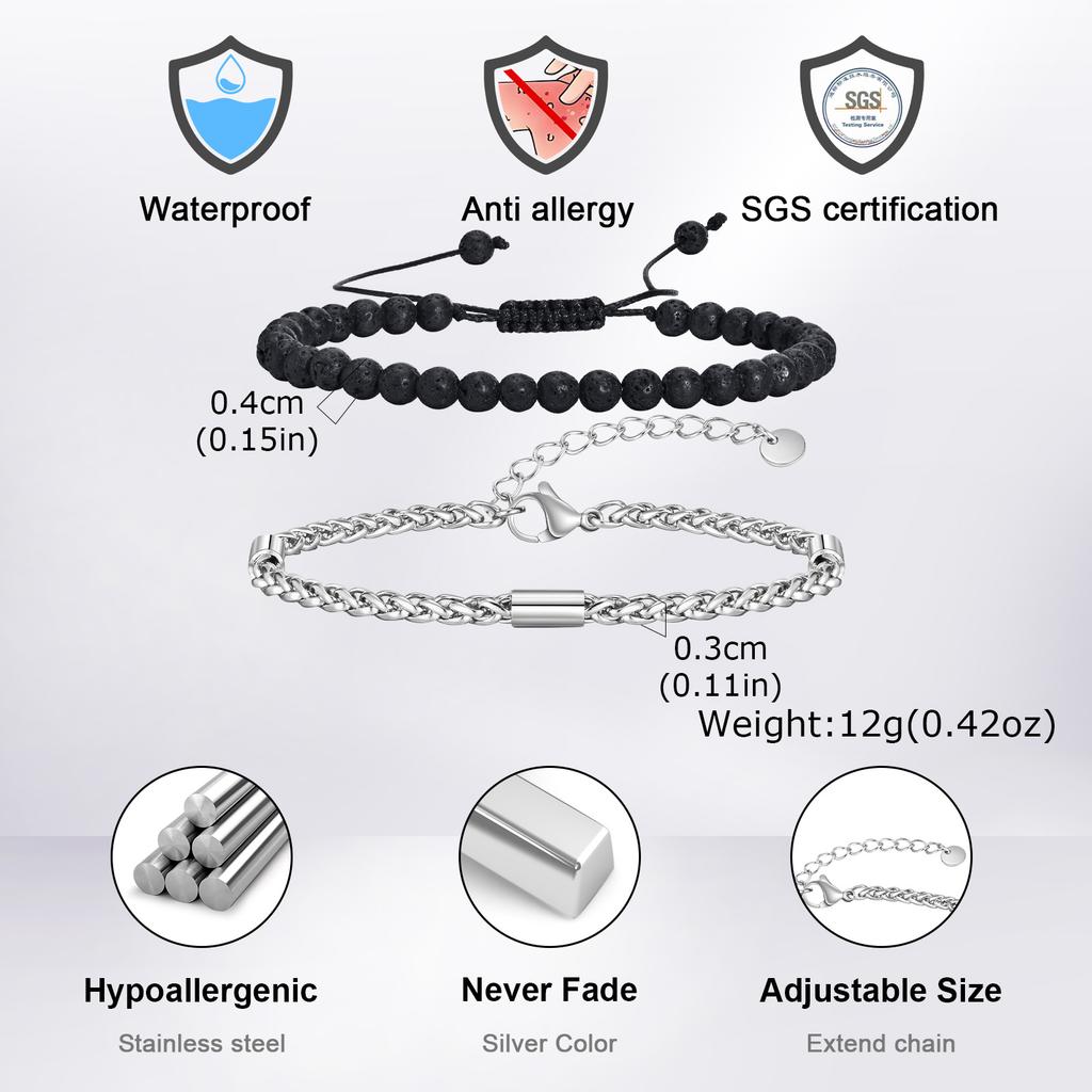 Vnox 2pcs/Set Adjustable Natural Stone Beads Bracelet for Men, Stainless Steel Chain Bracelets and Beads Bracelet Jewelry Set