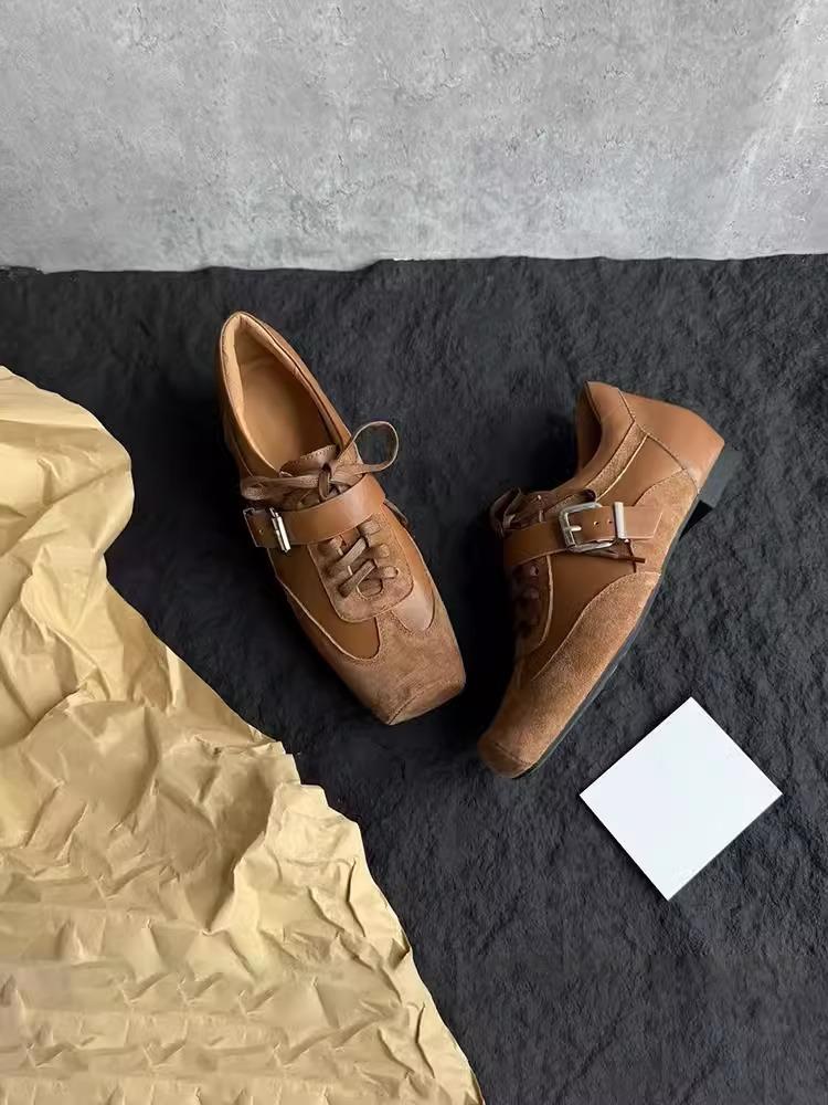 British Leather Women's Shoes Inner Height Increase 3cm Retro Square Head Belt Buckle Single Shoes Designer