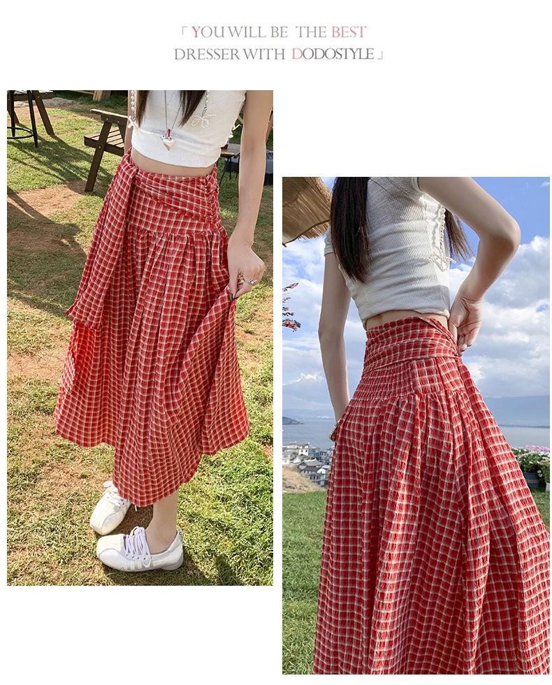 American Trendy Spicy Girl: Versatile Plaid Pleated Long Skirt + Strapless Plaid Umbrella Top