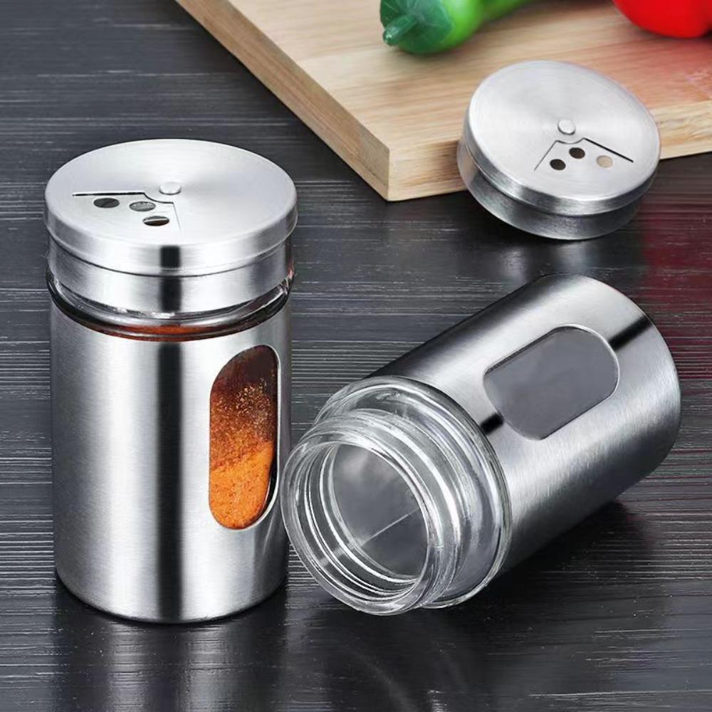 Portable Stainless Steel Seasoning Jars Glass Visiable Spreading Bottle Rotating Multifunction Spice Shaker Kitchen Organizer
