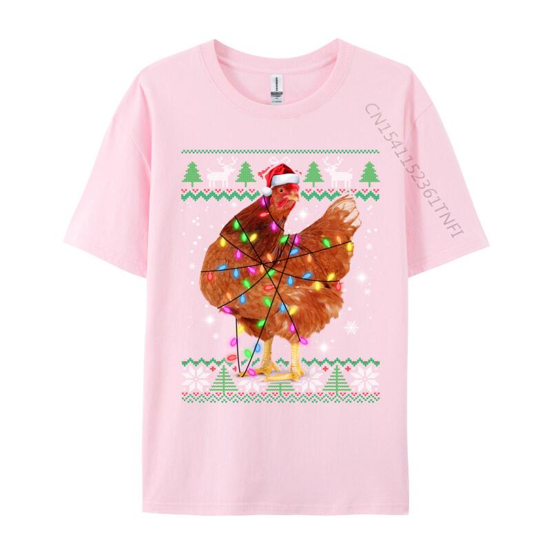 Ugly Christmas Chicken Santa Hat Lights Sweater Xmas T-Shirts Natural Cotton Man Fashion T-Shirt Chicken Santa T-Shirts Casual