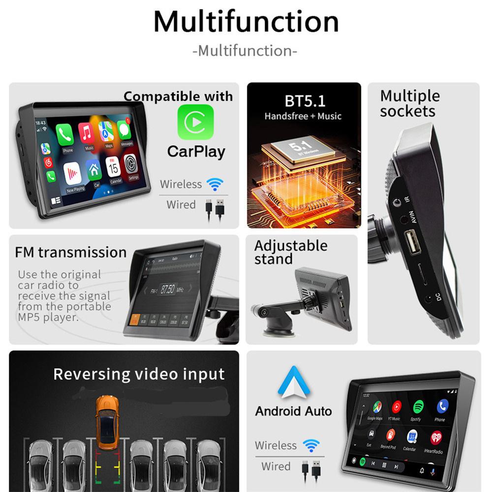 Portable 7" MP5 Player Support Wireless CarPlay Android Auto Mirror Link+ Camera