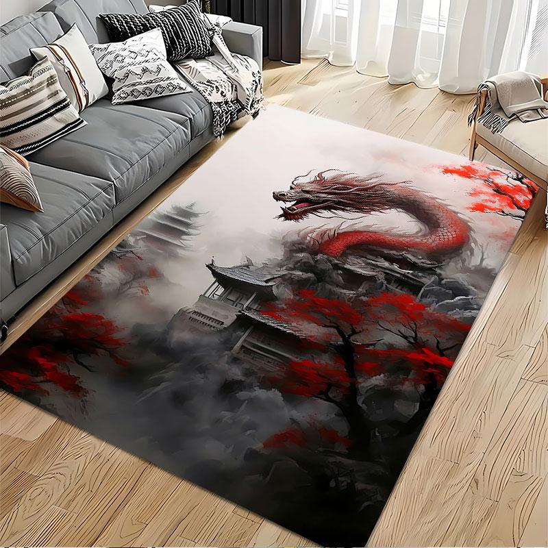 Red Dragon Amid Mystic Temple suitable as a non-slip mat for the living room or bedroom sofa