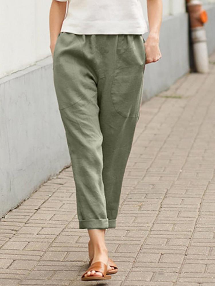 

Женские хлопково-льняные брюки Женские летние свободные длинные брюки Однотонные брюки с двойным карманом Удобные брюки XXXXXL зелёный