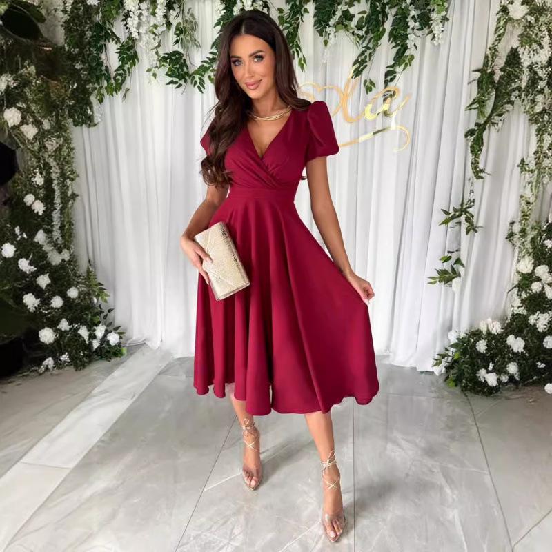 Summer 2025 Solid Color V-Neck Puff Sleeve Commuter Dress