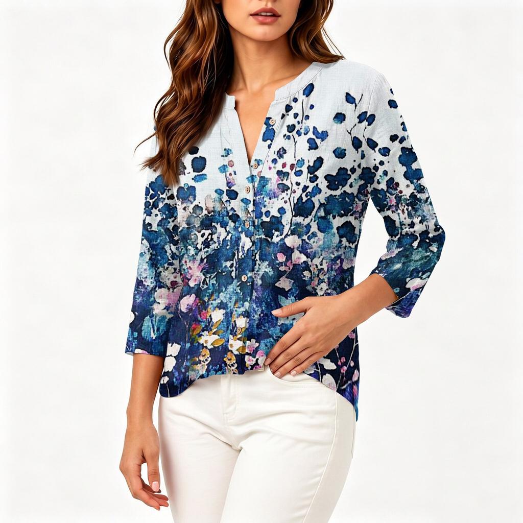 Women Vintage Floral Print Henley Button Neck Shirt Three Quarter Sleeve Linen Cotton Blouse Casual Loose Fit Top for Everyday Wear