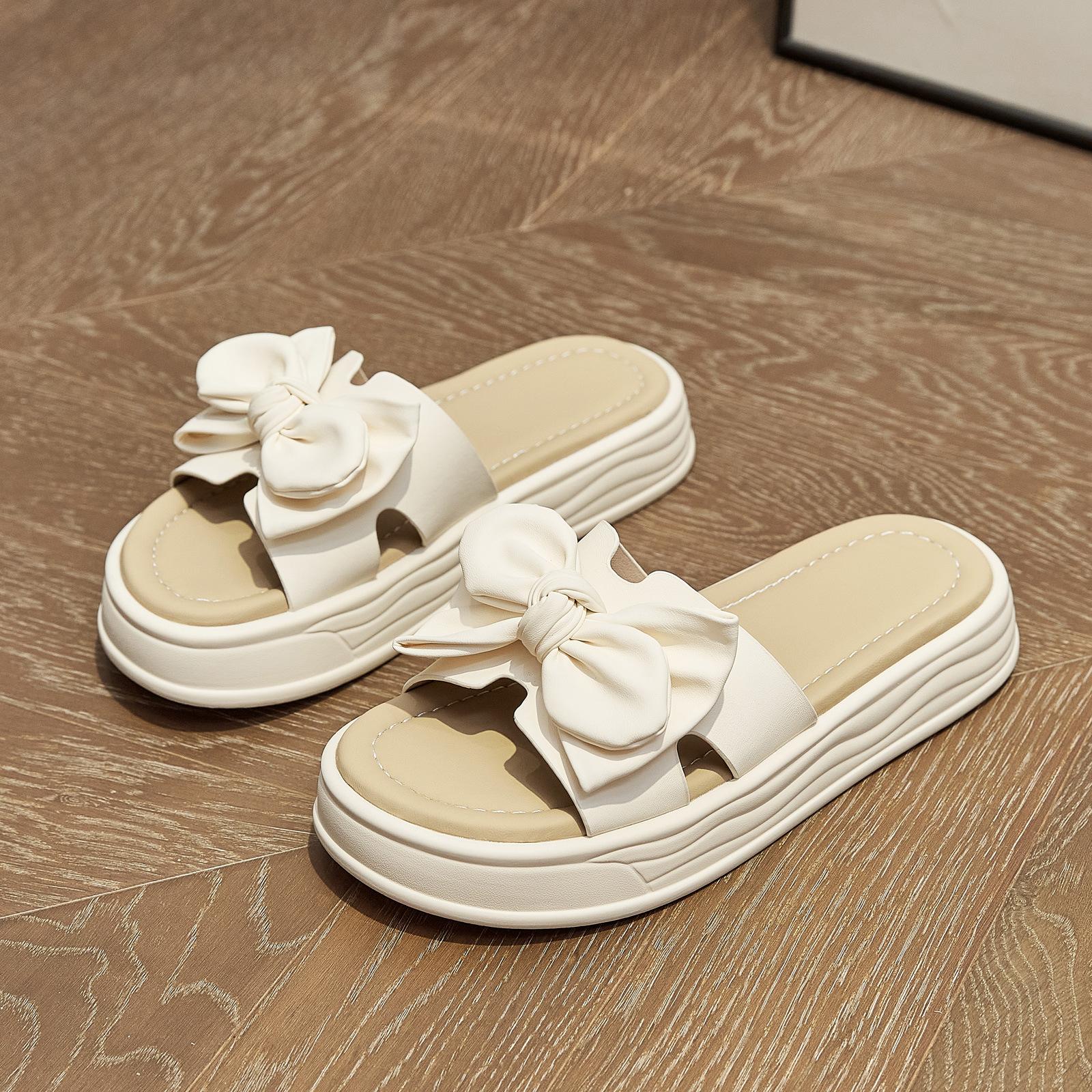 

Leather slippers women s summer new fashion bow versatile thick-soled outer wear sponge cake beach cool slippers 35 бежевий