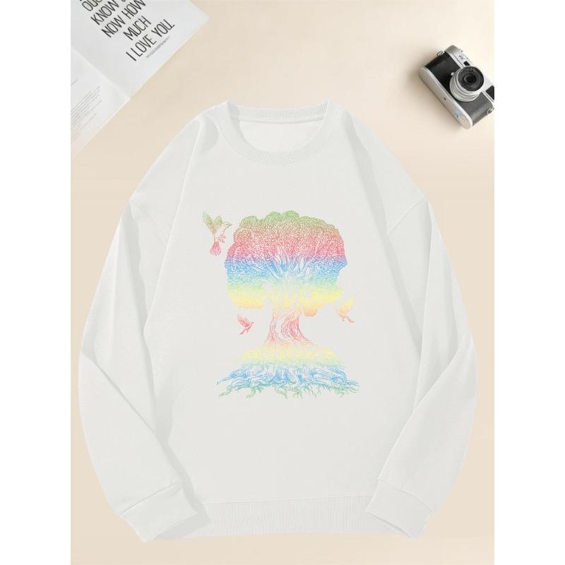Men'S Casual Round-Neck Sweatshirt with a Tree And Bird Pattern