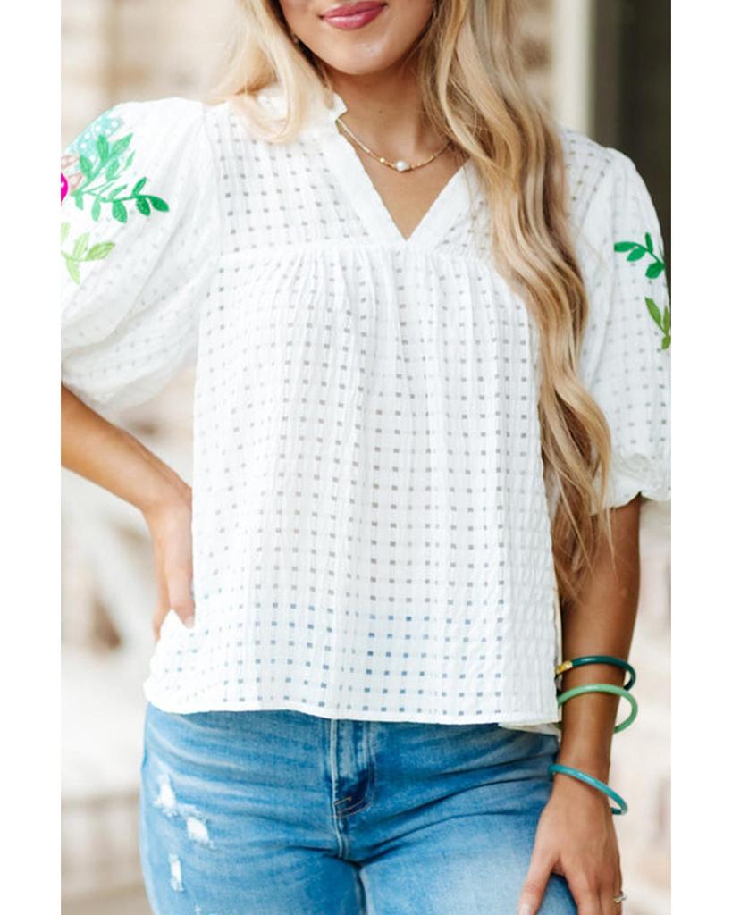 Azura Exchange White Floral Embroidered Puff Sleeve Notched Neck Blouse