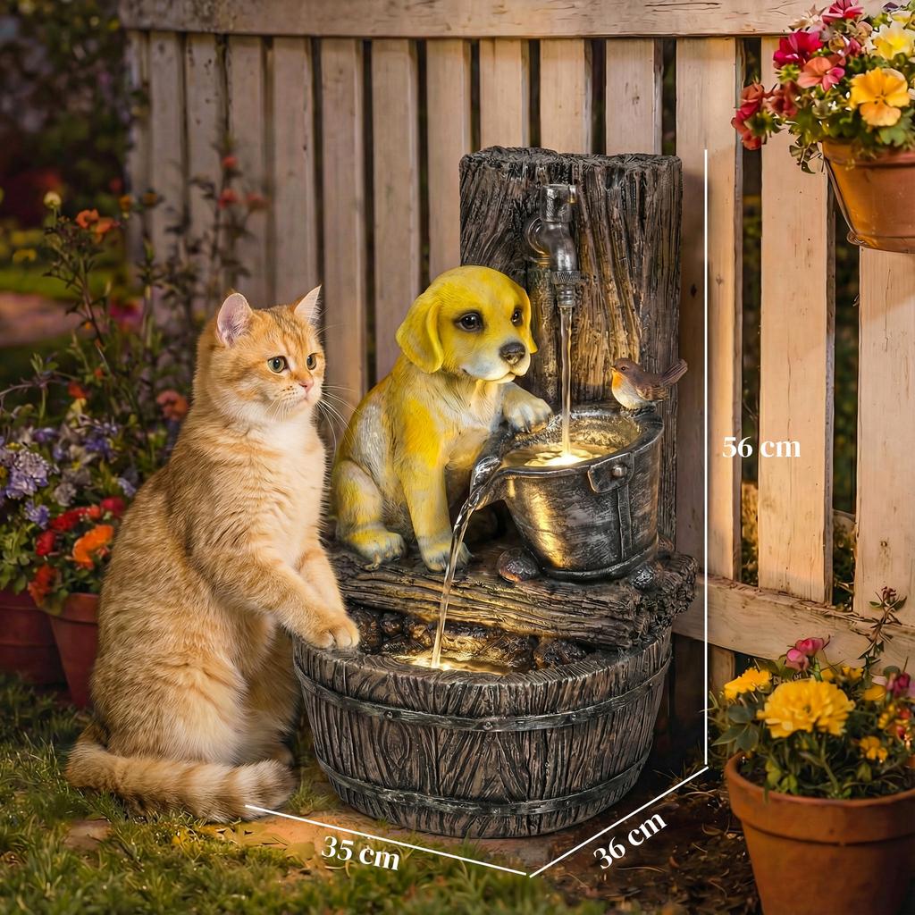 Garden Water Feature with 3-Tier Rustic Puppy Design, Freestanding Resin with LED Lights, Adjustable Flow, Rustic Brown