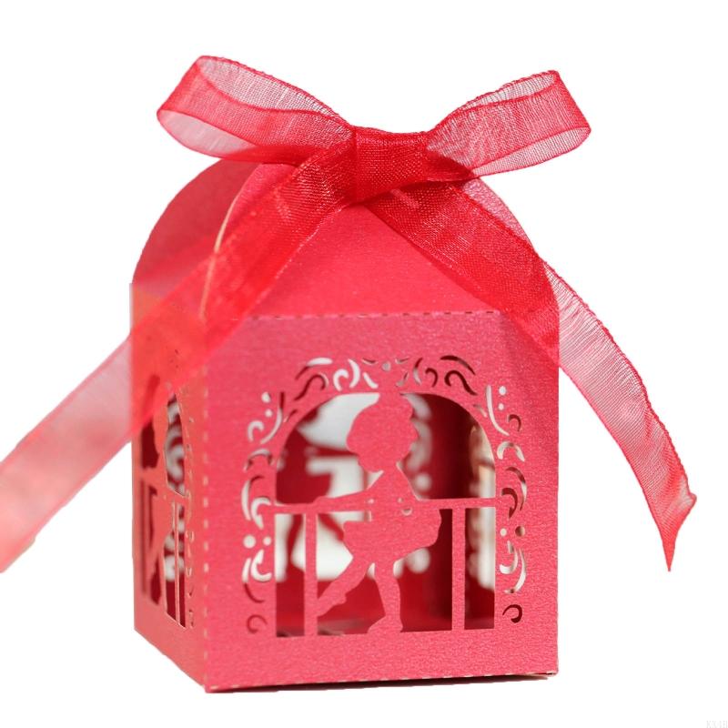KX4B 100pcs Angel Dancing Pearl Paper Hollow Cut Favor Gift Candy Box Storage with Ribbon Decoration Baby Shower Wedding Party