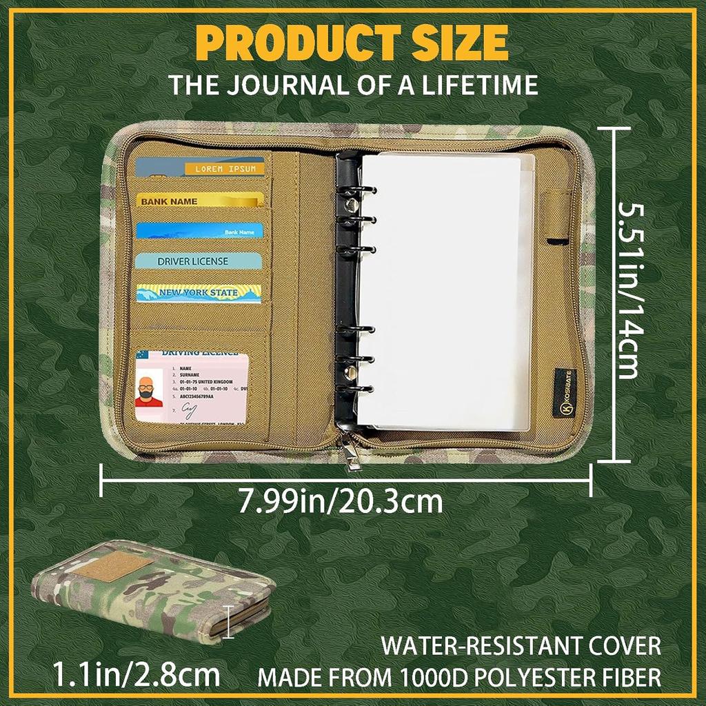 Military Padfolio Ring Binder with 45 Sheets, Weatherproof Tactical Notebook Cover with Zippered for Folders, Cards, Army Military Notebook, Detachabl