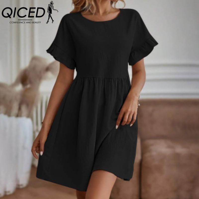

QICED Женская Мода Лето Весна Однотонный Принт Круглый Вырез Завышенная Талия Повседневные Платья XXL чёрный