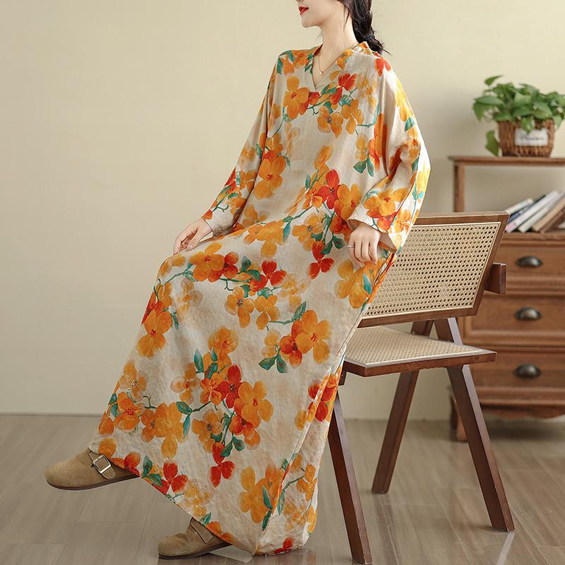 DIMANAF 2025 Women Plus Size Spring Long Dress Loose V-Neck Printing Vintage Casual Floral Oversize Long Sleeve 5050
