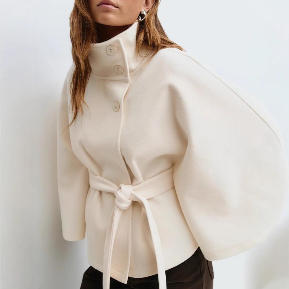 Fashion Women's Lace Up Woolen Cape Coats Loose Stand Collar Batwing Sleeve Button Black Gray Jackets Autumn Streetwear