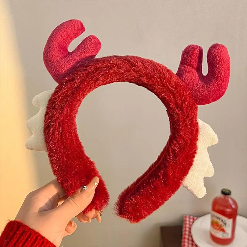 

High-Quality Festive Dragon Horns & Wings Plush Headdress: Wine Red, White, Non-Slip for Makeup & Face Wash