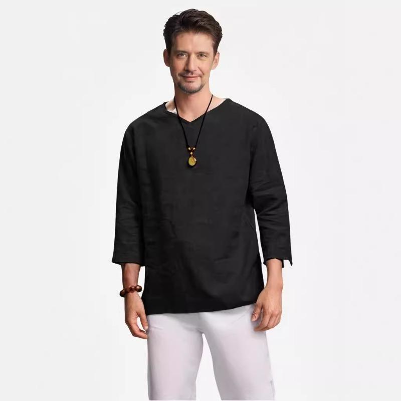 Summer Shirt Top Men's Three-quarter Sleeve V-neck Cotton and Linen Loose Shirt