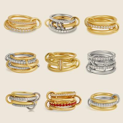 Luxury Cubic Zirconia Gold Plating Multilayer Connecting Rings for Women Fashion Mixed Color Stackable Finger Ring Party Jewelry