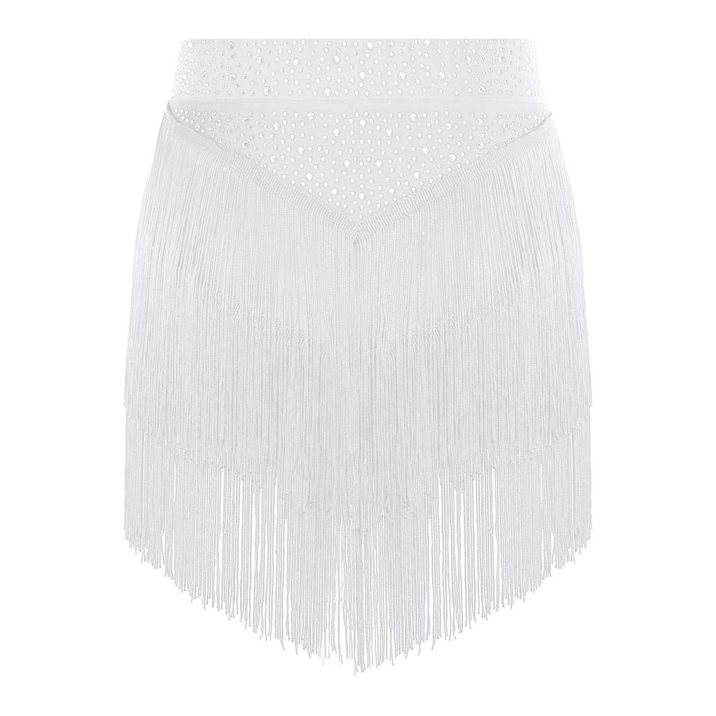 Womens Salsa Dance Costume Elastic Waist Tiered Tassel Skirt Latin Performance Competition Outfit Party Wear