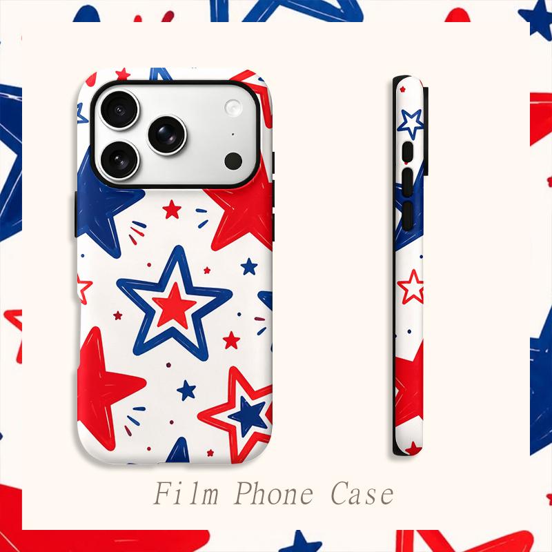 Playful Hand Drawn Red Blue Star Pattern Film Aesthetic Protective Shockproof Bumper Phone Case Cover For iPhone 14 15 16 17 Pro Max Plus