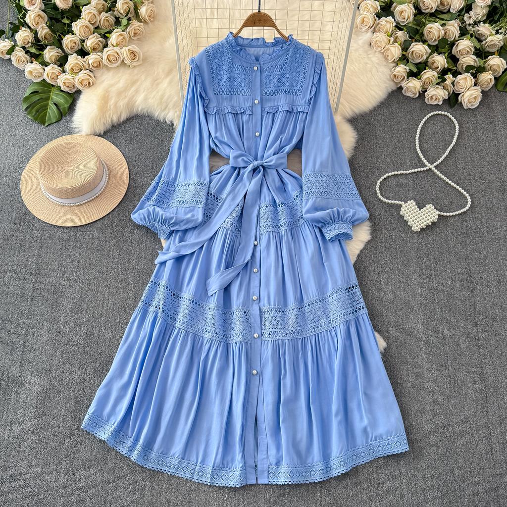 Lace Puff Sleeve Long Dresses Solid Korean Fashion Singe Breasted Elegant Retro Autumn Long Dress Ruffles Bow Women Dress