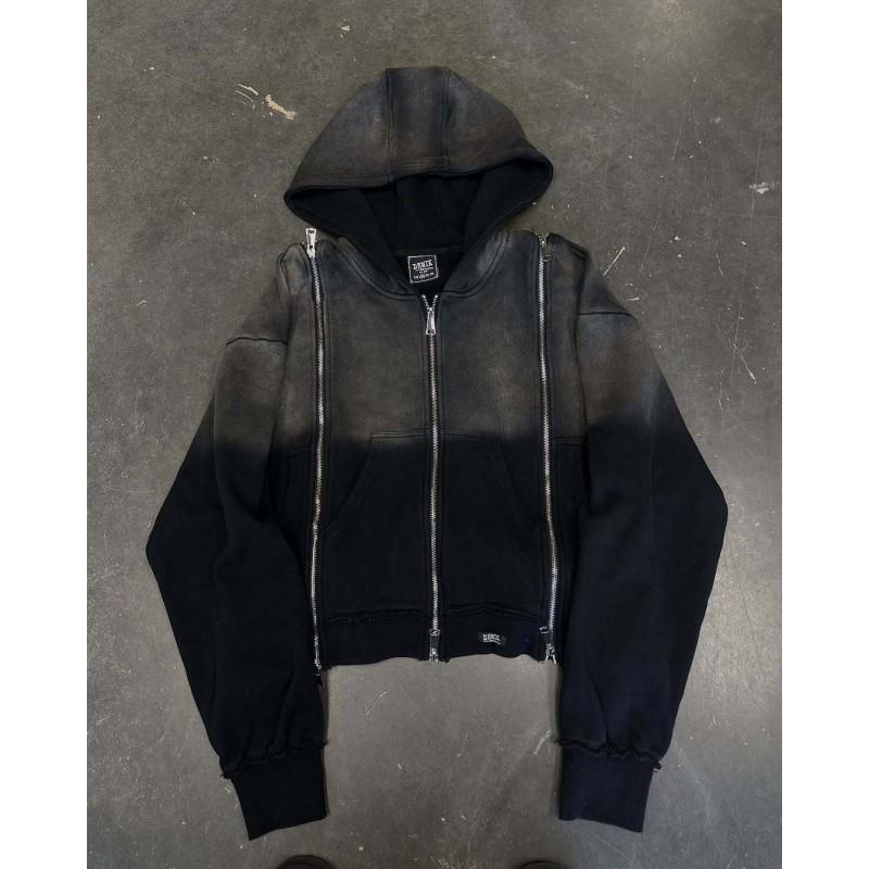 Gothic Streetwear Hooded Zip-Up Sweater Loose Fit Womens Dark Aesthetic Pullover With Embroidery