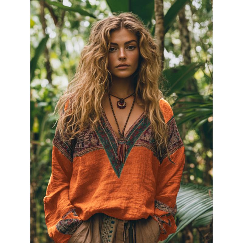 Camicetta da Donna Scollo a V Manica Lunga Vestibilità Regolare Casual Stampa Floreale Camicia Boemia