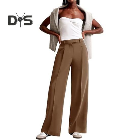 Summer Women Pants High Waist Slim Straight Legs Suit Pants with Pockets Solid Color Loose Fit Button Zipper Closure Office Pants