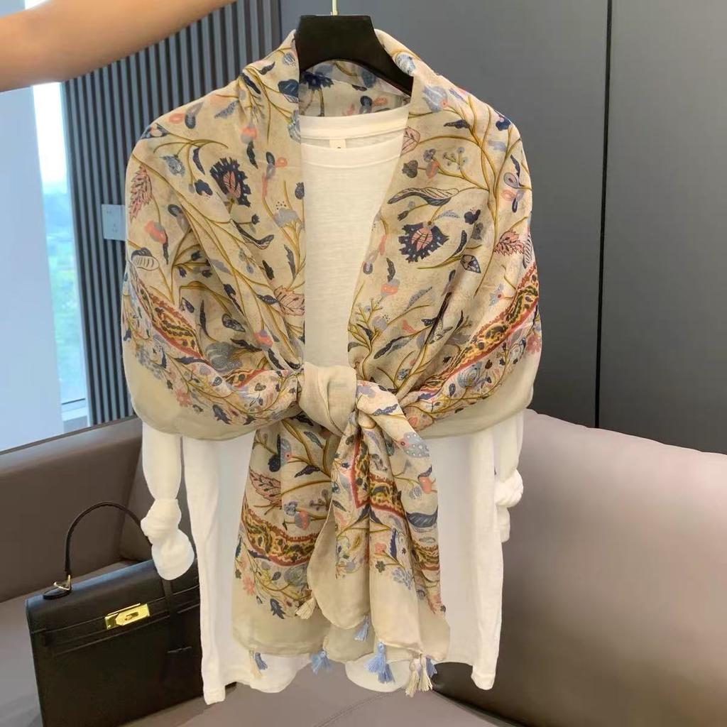 Sunscreen Shawl Spring and Summer Soft Cotton and Linen Feel Long Scarf Female Plain and Elegant Flower Fringed Silk Scarf