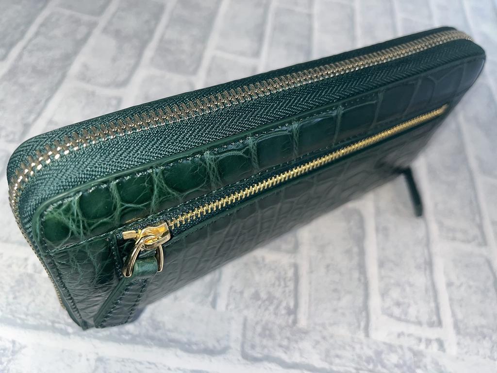 GUODI Long Wallet with Round Zipper, Genuine Crocodile Leather, Matte Finish, TK-RP10LW6 (Cyprus Green)